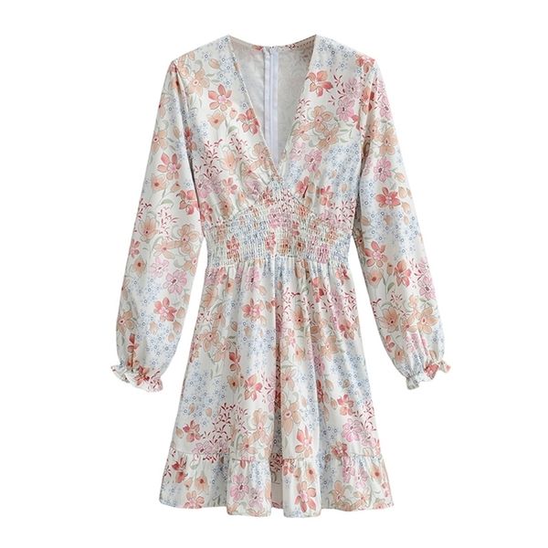 

summer women's floral dress slim fit printing v-neck long sleeve female clothing lnee-length 210524, Black;gray