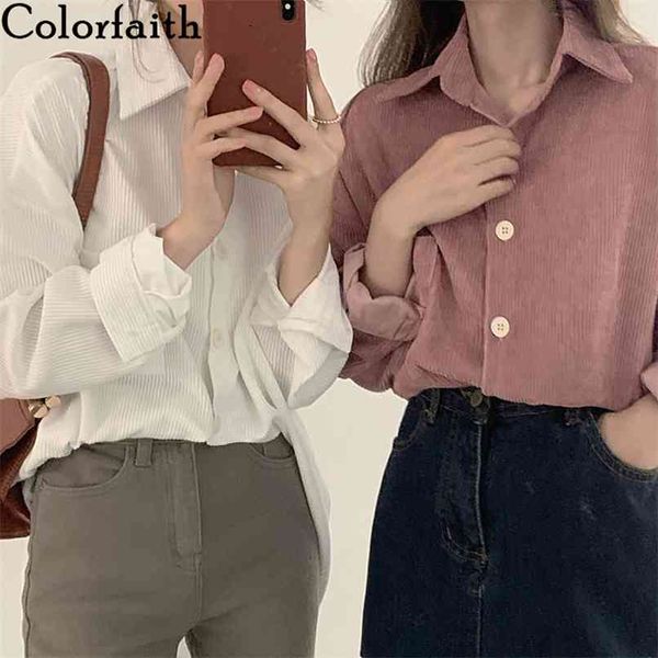 

women autumn winter blouses shirts corduroy pockets buttons casual vintage oversize office wild bl9335 210427, White