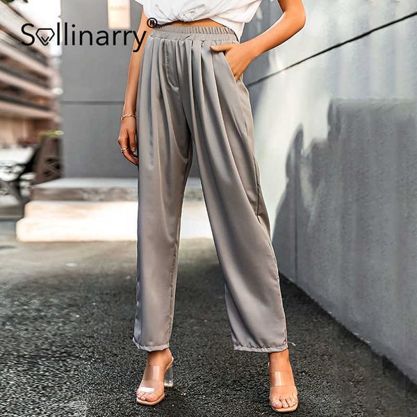 Sollinarry Geniş Bacak Katı Şifon Pantolon Kadınlar Yüksek Sokak Gri Bayanlar Gevşek Pantolon Ofis Yüksek Bel Nedensel Uzun Pantolon Yaz 210709