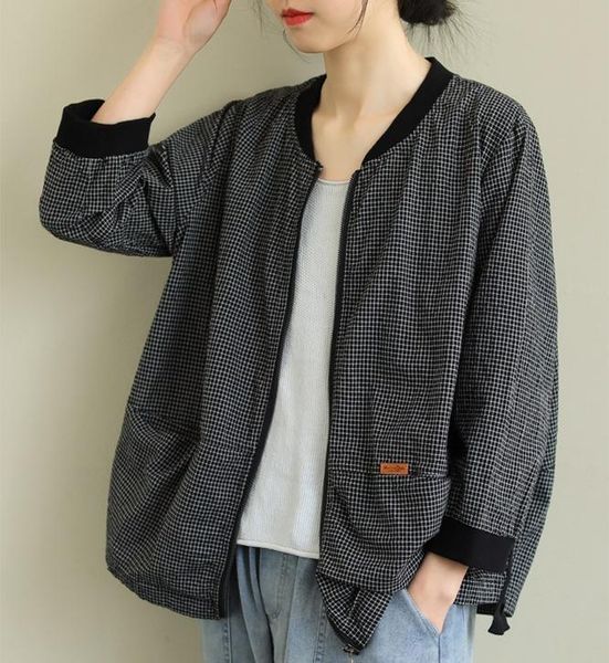 

women jacket plaid long sleeve 2021 autumn loose long-sleeved thin casual pockets zipper coat women's jackets, Black;brown
