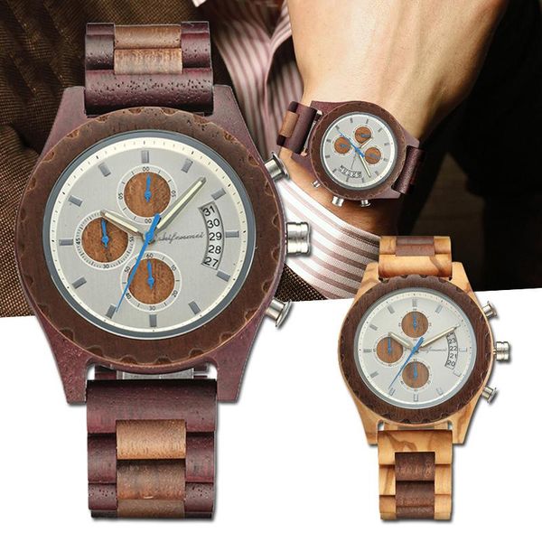 

wristwatches wooden mens watches business chronograph pointer dial with date quartz watch vintage wrist gift for men@88, Slivery;brown
