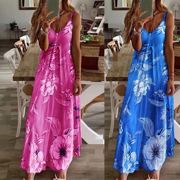 

casual dresses flower printing beach dress women summer o neck sleeveless vest plus size elegant boho long vestidos, Black;gray