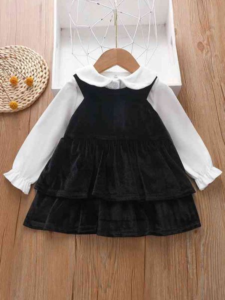 

baby two layer hem velvet dress & ruffle trim flounce sleeve she, White