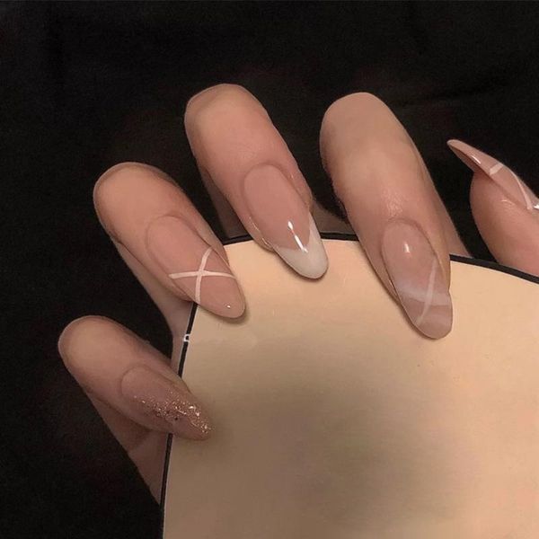 

false nails long oval nude pink french glitter fake press on jp1627-b3, Red;gold
