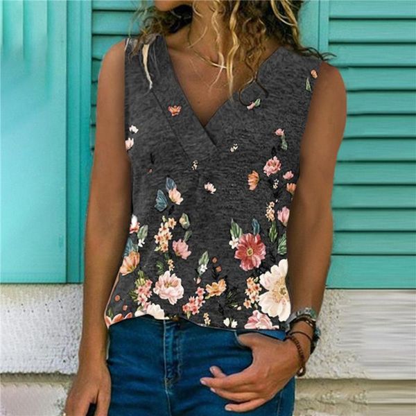 

flowers printed tank summer loose v-neck t-shirts female trendy streetwear 2021 fashion women casual sleeveless vests women's t-shirt, White