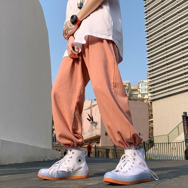 

cotton linen cargo korean solid women pant color man casual straight streetwear male baggy trousers, Black