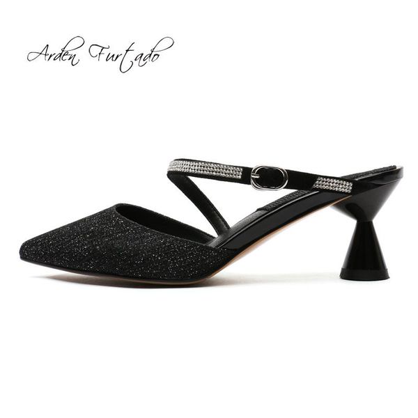 

arden furtado summer 2021 fashion women's shoes pointed toe strange heels sequined cloth mules slippers big size dress, Black