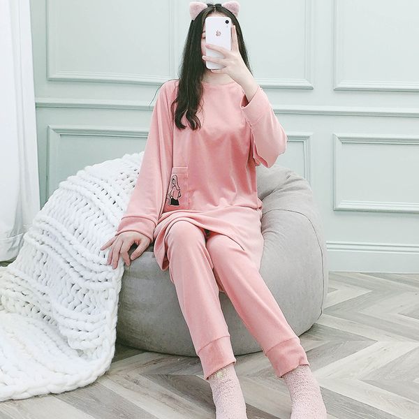 

yaoting new pajamas women's autumn and winter warm lynx velvet warm home wear two piece suit long style can be worn out, Black;red