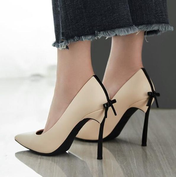

dress shoes fashion woman pointed toe slip on stiletto heels butterfly knot back high heel party lady metal big size, Black