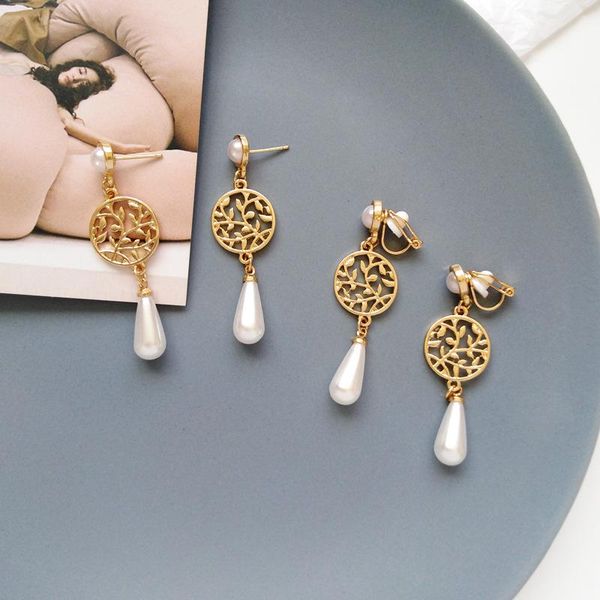 

clip-on & screw back retro hollowed-out tree round no ears hole clip earringd water drop shape similated pearls on earrings without piercing, Silver