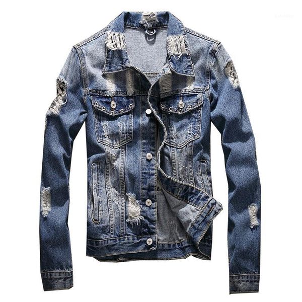 

cotton outerwear jean jacket men slim fit casual retro denim clothing with hole coats fashion1, Black;brown