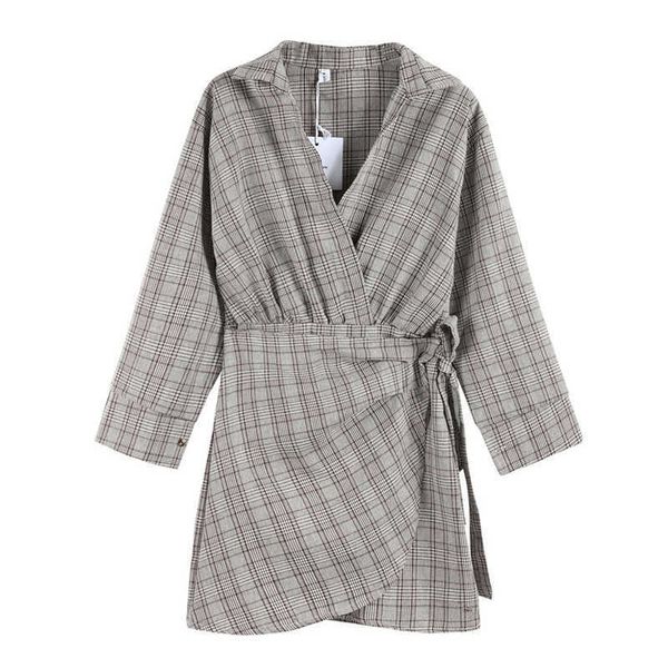 

perhaps u brown plaid long sleeve mini short dress turn down collar elegant vintage d1322 210529, Black;gray