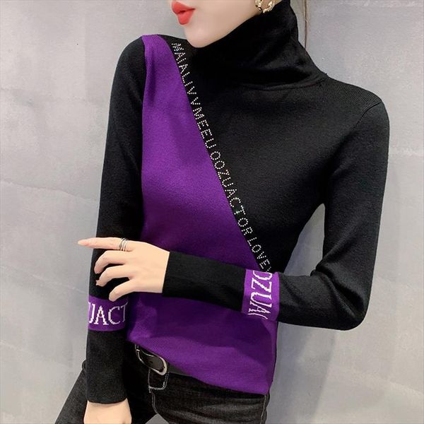 

6530 spliced color basic women sweaters woman pullovers long sleeve korean fashion knitted diamonds turtleneck, White;black