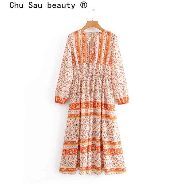 

beauty fashion boho floral print midi dress women holiday style bow tie o-neck loose dresses female beachwear 210514, Black;gray