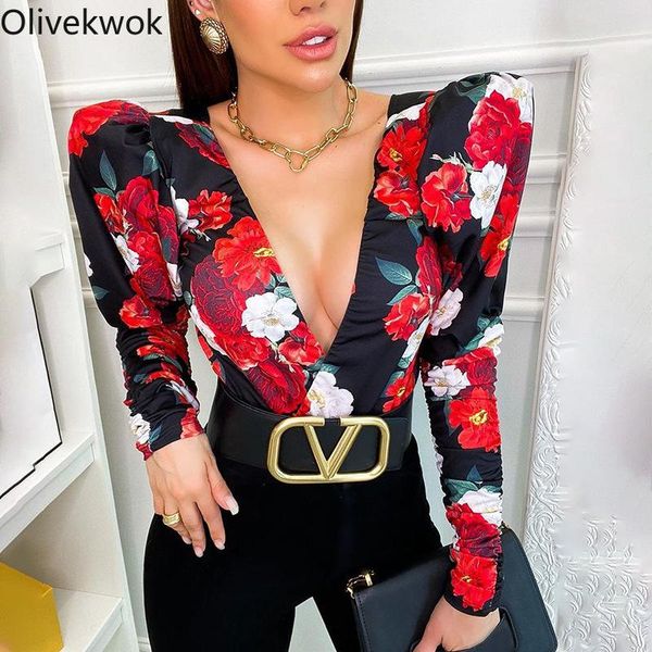 

olivekwok floral print patchwork outfits deep v-neck lantern long sleeve women party streetwear bodysuit rompers 2021 women's jumpsuits, Black;white