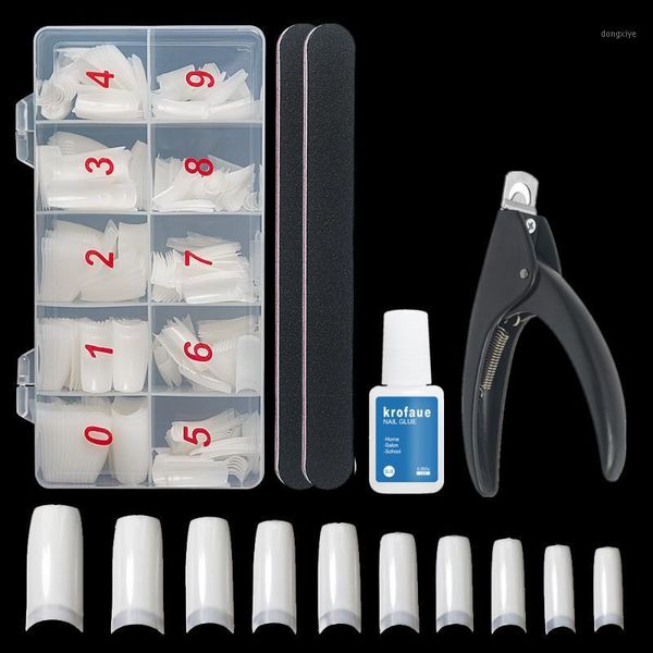 

french nail tips half cover fake false nails set 500pcs boxed black sanding strip scissors with glue artificial art1, Red;gold