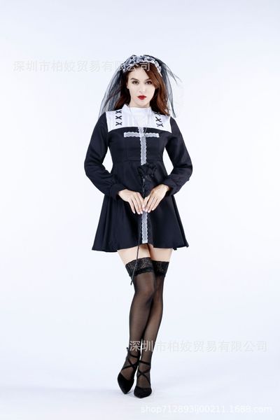

stage carnival halloween costume vampire ghost nun, Black;red
