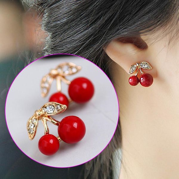

Stud Women Cute Red Cherry Earrings Of Zinc Alloy Material Crystal Contracted Fashion Sweet Jewelry Girls Gift, Golden;silver