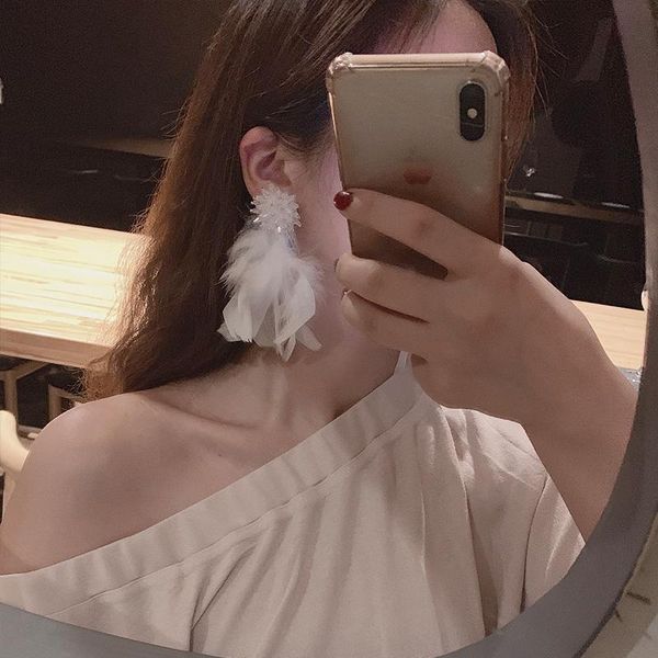 

hoop & huggie fairy temperamental high grade-grade crystal feather earrings ins internet-famous elegant high-key eardrop long autumn and, Golden;silver