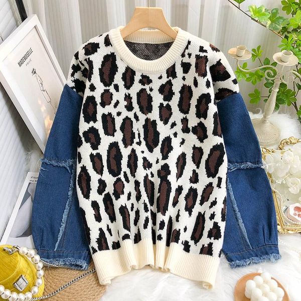 

women's sweaters 2021 autumn winter fashion denim stitching leopard sweater outer wear loose slim knit kk1421, White;black