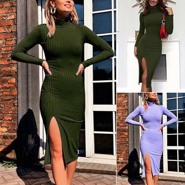 

casual dresses elegant knitted midi sheath women's autumn winter slim bodycon long sleeve minimalist robe 7eod, Black;gray
