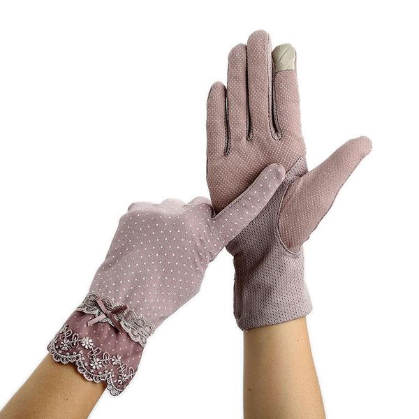 

five fingers gloves 1 pairs lady thin women short mittens summer anti-slip driving lace touch screen bow, Blue;gray