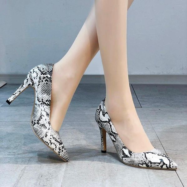 

dress shoes spring snake printed leather women high heels ladies pointed toe stiletto pumps woman heeled party female sapato, Black