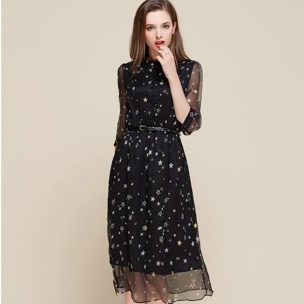 

women's new slim silk print fake two piece dress, Black