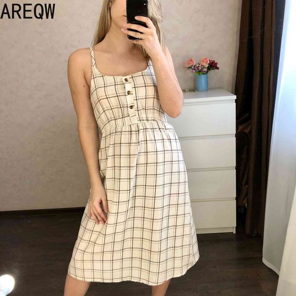 Женщины Sun Dress Плед Летнее Корейский Корейский Санктр Спагетти Ремешок Платья Клен Длина 210507