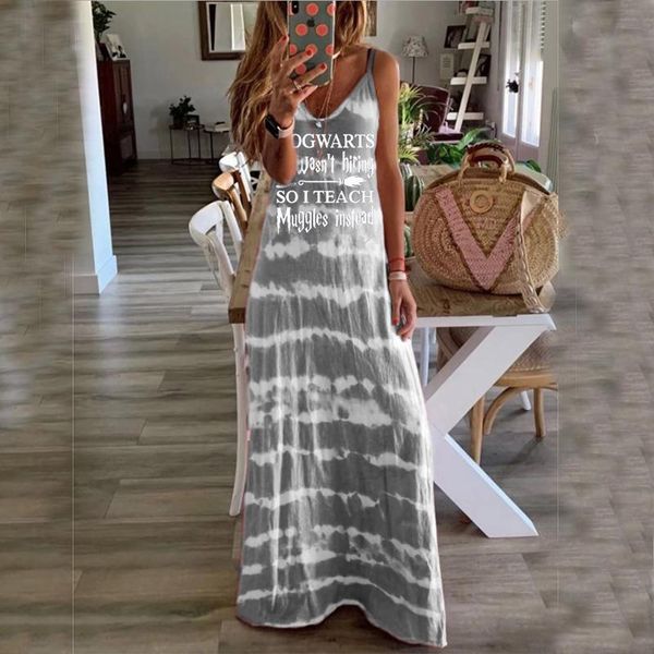 

summer tie-dye print sleeveless dress female v-neck women's t-shirt, White