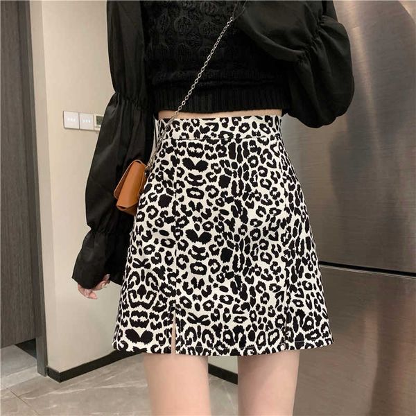 Moda Yaz Etek A-Line Mini Kawaii Leopar Yüksek Bel Polyester Elastik Bant S Kadınlar için Temel OL Giysiler 210604