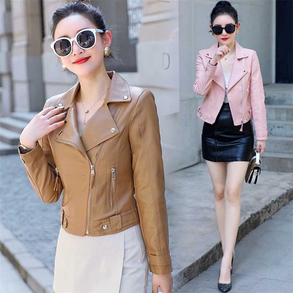 

autumn women pu leather jacket woman zipper short coat female fashion punk bomber faux outwear spring blazer 211215, Black