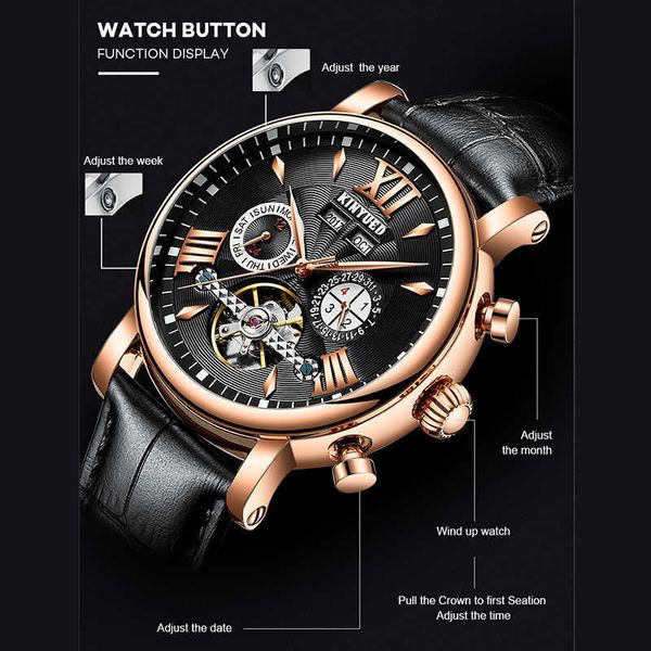 Kinyed automático relógio mecânico moda couro impermeável homens relógios perpétuos calendário reloj hombre caixa de presente embalagem q0902