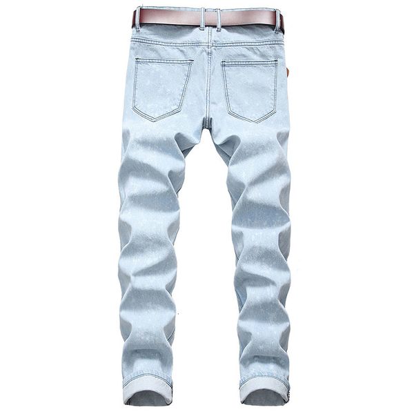 

men casual jeans denim pants painted knees holes no elasticity ripped distressed bleached fashionable high quality, Blue