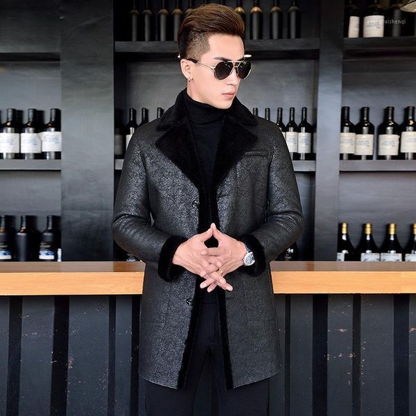 

fur men's lamb hair handsome hooded silver silk embroidered clothing wool all-in-one autumn and winter mid-length coat leather & faux, Black