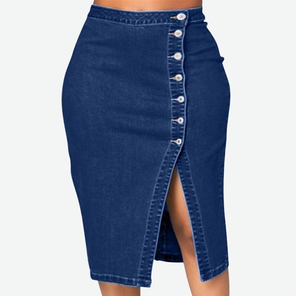 

skirts 2021 summer denim split women's elegant solid ripped fashionable button long retro old bag hip femininas skirt #t4, Black