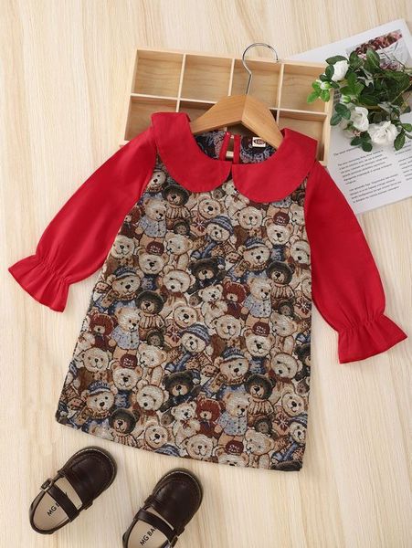 

toddler girls bear print peter pan collar flounce sleeve dress she, Red;yellow