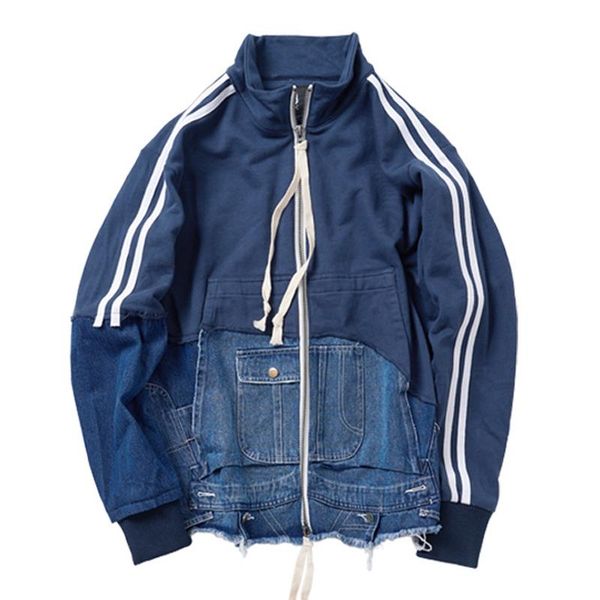 

men's jackets hip hop striped jeans patchwork denim coats harajuku streetwear jacket cotton loose fit coat, Black;brown