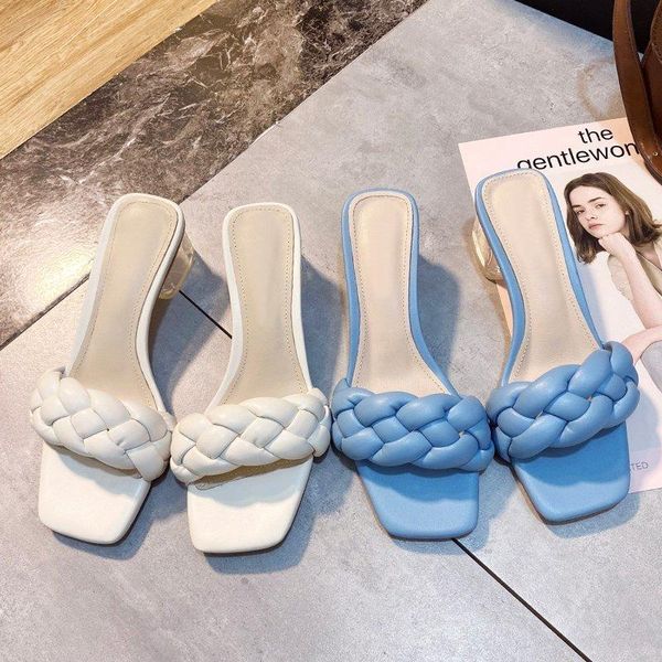 

design weave women slipper ladies thin high heel sandal open toe slip on summer outdoor slides flip flop shoes blue slippers, Black