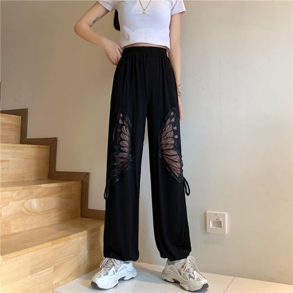

women's pants & capris 2021 butterfly hollow personality ripped trousers casual wide-leg solid color fashion all-match street women, Black;white