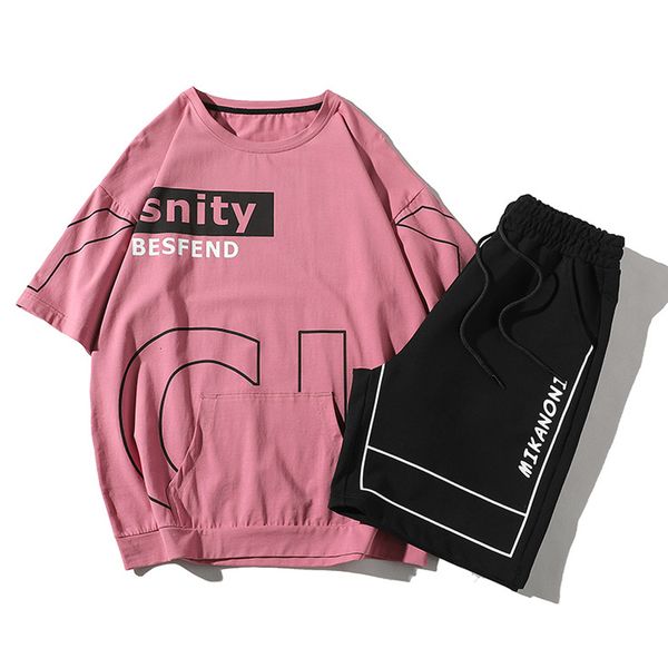 

tracksuits summer harajuku workout 2 casual, breathable male ensemble t-shirt short pants clothes suits, Gray