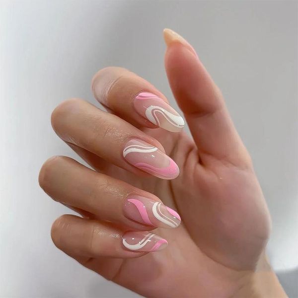 

24pcs pops simple pink white wear short paragraph fashion manicure patch false nails save time wearable nail, Red;gold