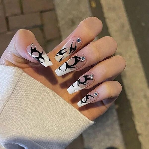 

false nails 24pcs patch glue type long paragraph fashion removable manicure save time nail hjl2021, Red;gold