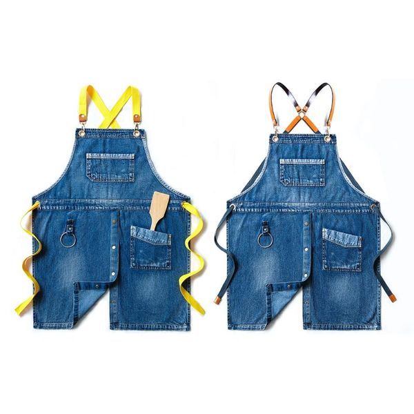 

aprons denim jeans canvas apron cross back adjustable chef multi-pocket strap k0