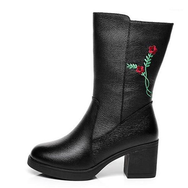 

boots 100% cowhide black autumn and winter embroidered genuine leather fashion large size high heel shoes woman1
