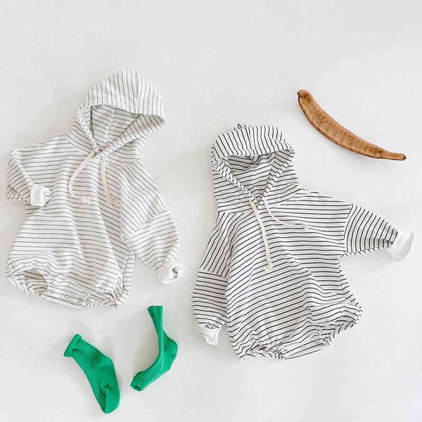 

born boys girls stripe hooded jumpsuits clothes autumn winter baby rompers knitted long sleeve children 210429, Blue