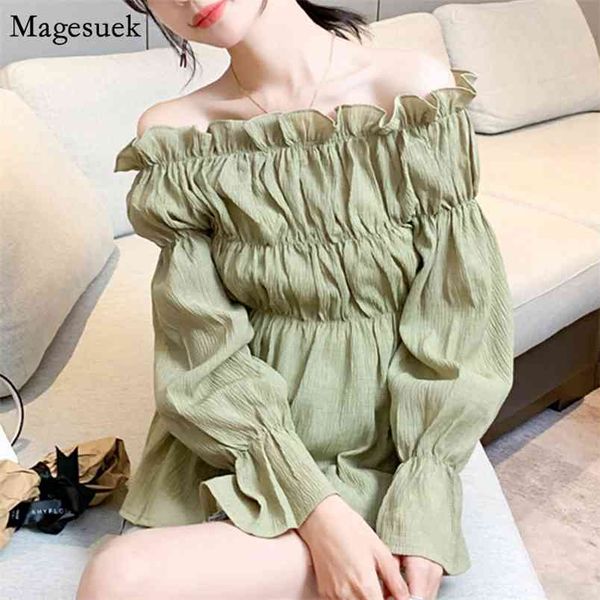 

korean loose slash-neck blouse women puff sleeve ruffles pleated vintage shirt blusas mujer 10664 210512, Black;gray