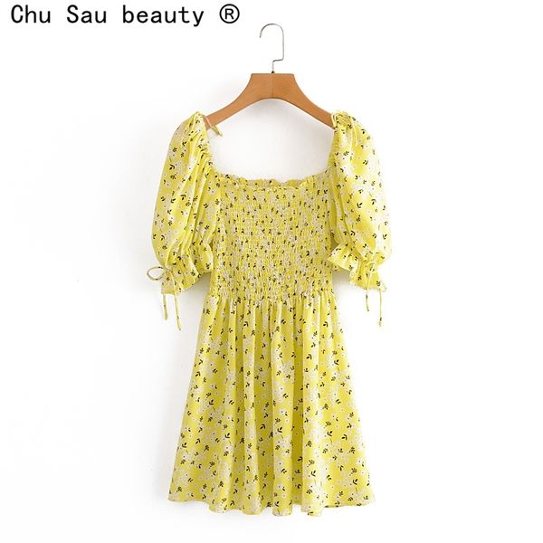 

vintage square collar puff sleeve floral bandage stretch chest dress woman summer waist down slim mini vestidos de mujer 210514, Black;gray
