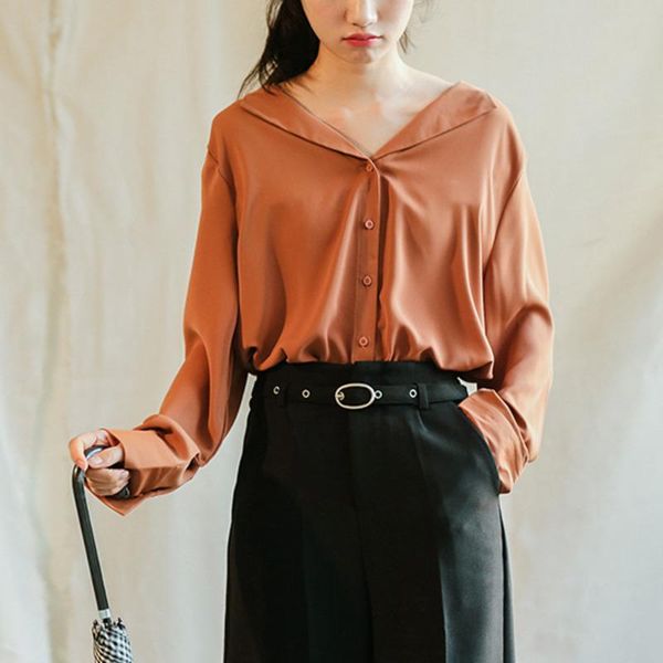 

women's blouses & shirts [ewq] 2021 spring minimalist long sleeve loose women shirt coats korea turn-down collar vertical blouse qz941, White