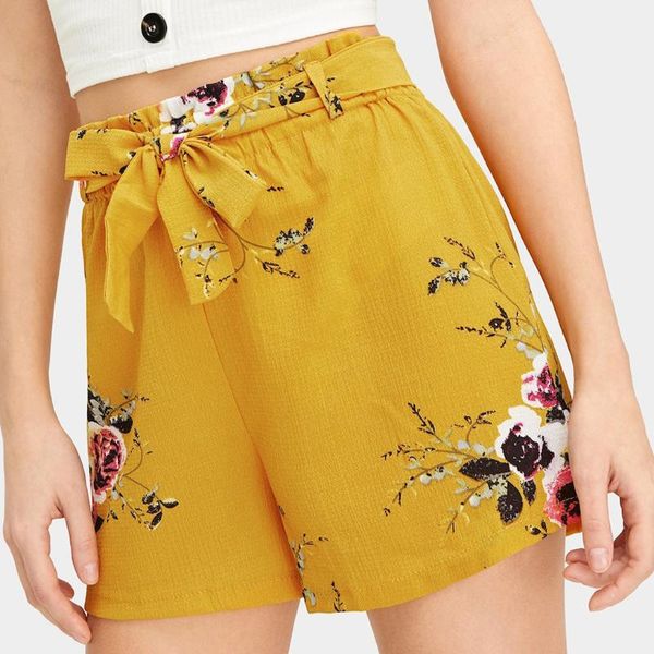 

high waist shorts women summer floral print bow bandage ladies trouser plus size feminino women's, White;black